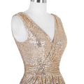 Kate Kasin sin mangas de cuello en V Golden Shining Sequined vestido de noche largo KK000199-1